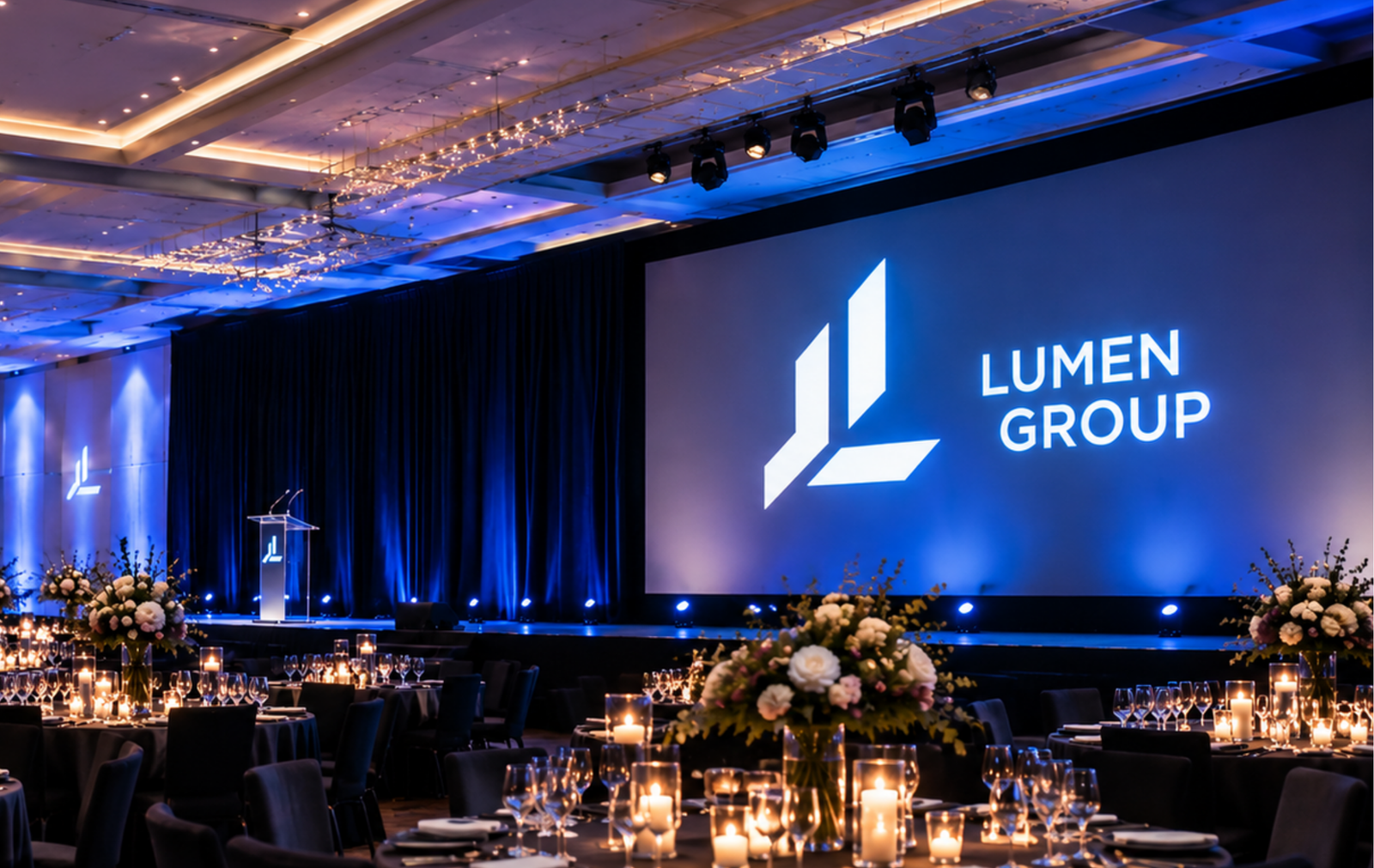 Luxury corporate gala with the Lumen Group stage branding